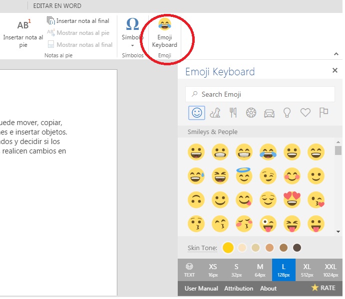 Descargar complemento emoji keyboard en word Online